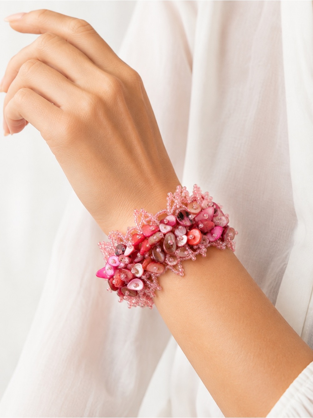 Pink Shell Seed Bead Statement Bracelet Boho Y2K